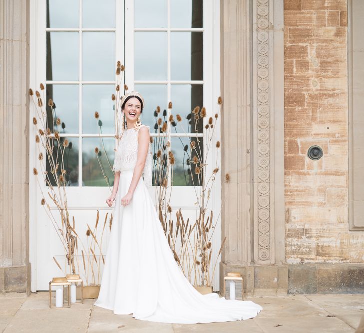 Laughing Bride in Turban Headband and Jesus Peiro Wedding Dress  Standing in Front of a Dried Flowers, Minimalist Floral Installation