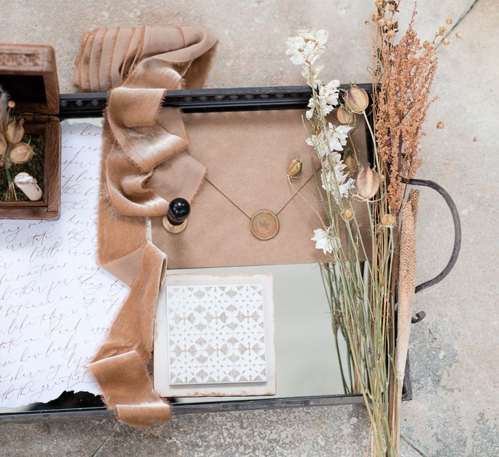 Tray of Dried Flowers, Sulk Ribbons and Script Stationery