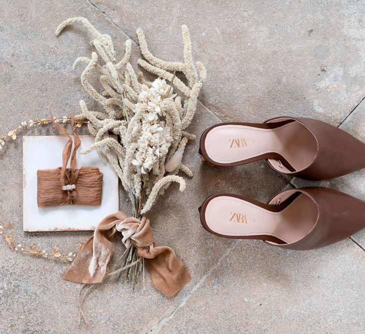 Mule Bridal Shoes and Dried Flower Bouquet Tied in Ribbon