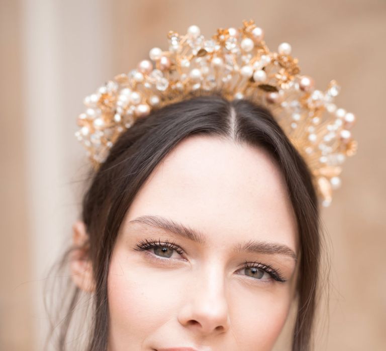 Bride with Natural Makeup and Feminine Hair Wearing a Gold Statement Headdress