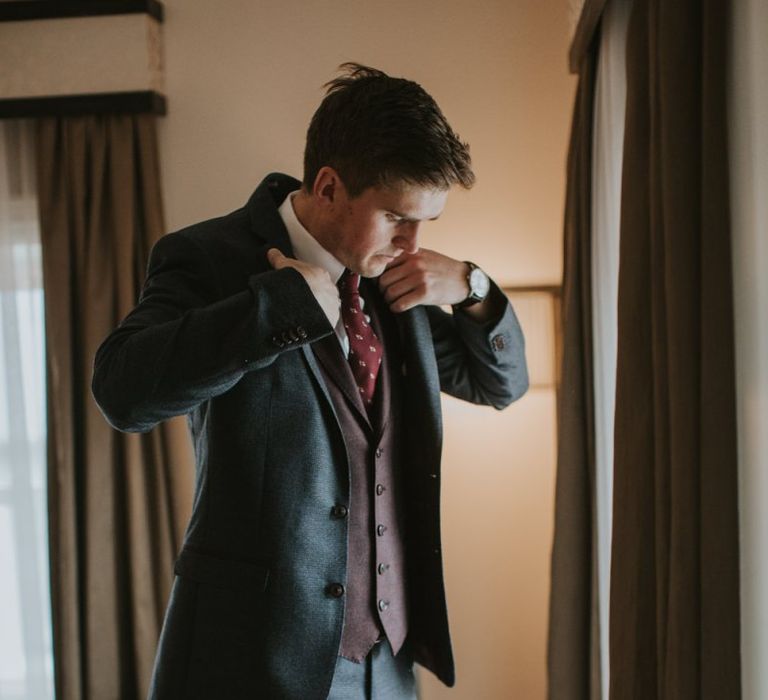 Bride in Navy Tweed Suit with Burgundy Waistcoat