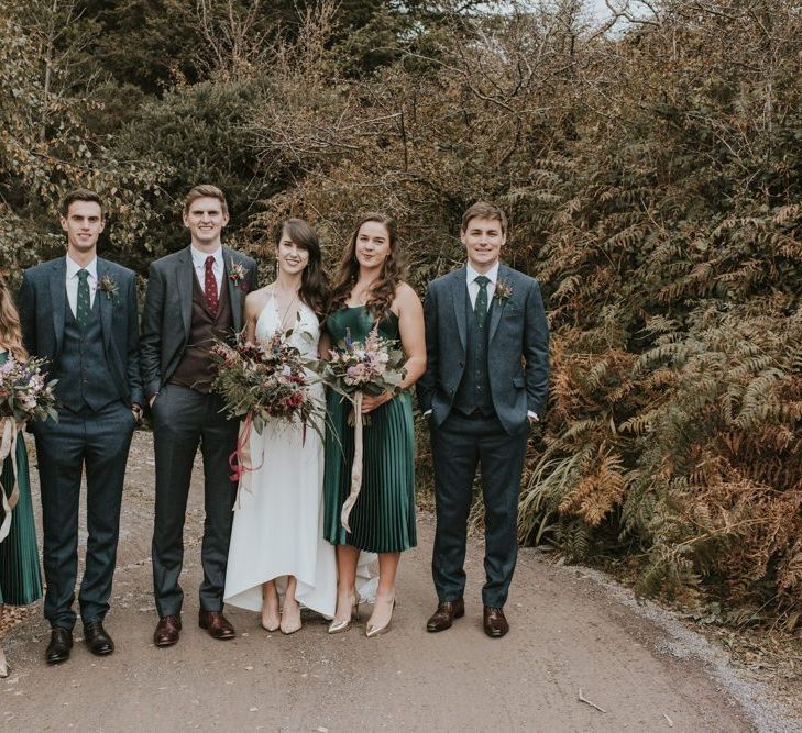 Wedding Party Portrait in Green, Burgundy  and Navy Colours