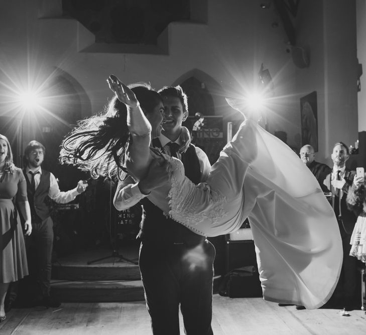 First Dance with Bride in Elbeth Gillis Wedding Dress and Groom in  Tweed Suit