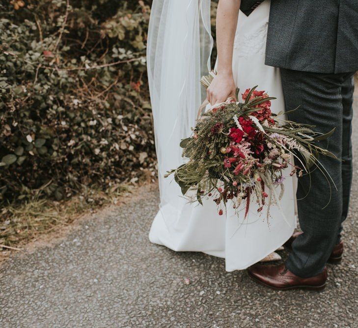 Deep Red and Green Dried Flower Wedding Bouquet