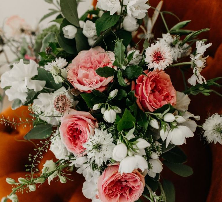 Romantic pink, white and green wedding bouquet