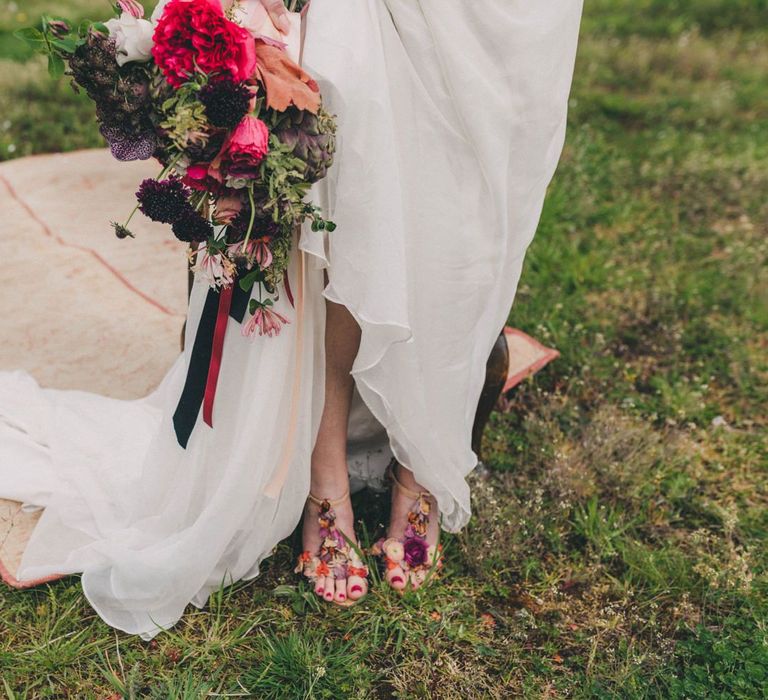 Bride Wearing Floral T-Bar Wedding Shoes