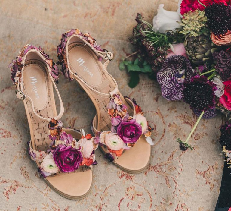 Floral T-Bar Wedding Shoes and Bridal Bouquet with Deep Burgundy, Red and Fuchsia Pink Flowers