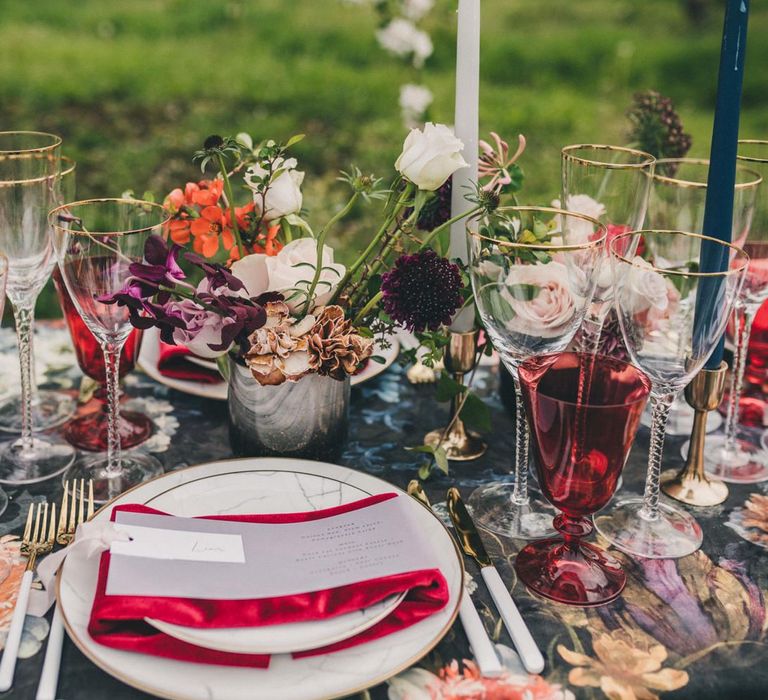 Place Setting Wedding Decor with White Cutlery, Red Napkin and Coloured Goblets