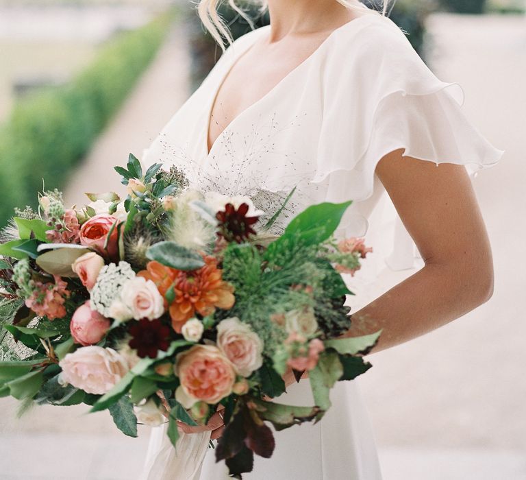 Bride in Lace Cherry Williams London Gown | Living Coral, White &amp; Green Bridal Bouquet with Roses &amp; Foliage | Elegant Summer Inspiration at St Giles House, Dorset by Jessica Roberts Design   Imogen Xiana Photography