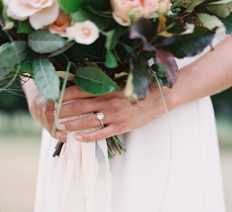 Diamond Solitaire Engagement Ring | Living Coral, White &amp; Green Bridal Bouquet with Roses &amp; Foliage | Elegant Summer Inspiration at St Giles House, Dorset by Jessica Roberts Design   Imogen Xiana Photography