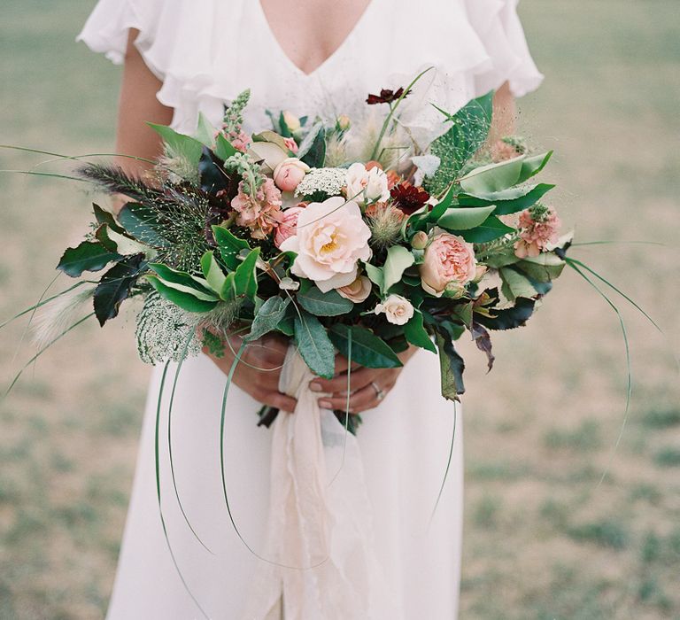 Blush Pink, White &amp; Green Bridal Bouquet with Roses &amp; Foliage | Elegant Summer Inspiration at St Giles House, Dorset by Jessica Roberts Design   Imogen Xiana Photography