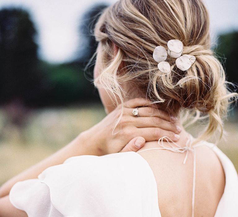 Messy Bun Bridal Hairstyle with Mother of Pearl Hair Accessory | Bride in Lace Cherry Williams London Gown | Elegant Summer Inspiration at St Giles House, Dorset by Jessica Roberts Design   Imogen Xiana Photography