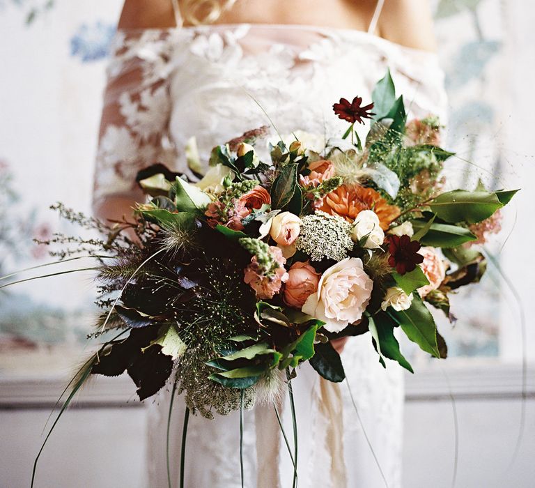 Living Coral, White &amp; Green Bridal Bouquet with Roses &amp; Foliage | Elegant Summer Inspiration at St Giles House, Dorset by Jessica Roberts Design   Imogen Xiana Photography