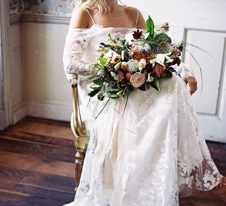 Living Coral, White &amp; Green Bridal Bouquet with Roses &amp; Foliage | Bride in Lace Cherry Williams London Gown | Elegant Summer Inspiration at St Giles House, Dorset by Jessica Roberts Design   Imogen Xiana Photography