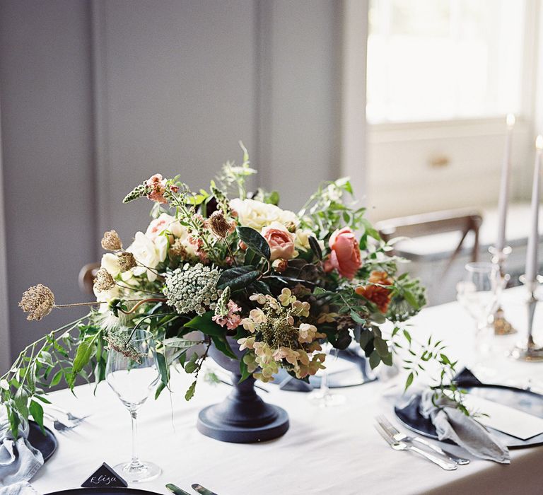 Living Coral, White &amp; Greenery Floral Centrepieces | Elegant Summer Inspiration at St Giles House, Dorset by Jessica Roberts Design   Imogen Xiana Photography