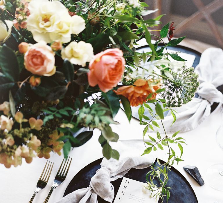 Stylish Place Setting  with Black Platter &amp; Menu Card | Elegant Summer Inspiration at St Giles House, Dorset by Jessica Roberts Design   Imogen Xiana Photography