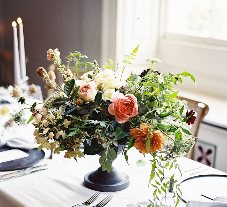 Living Coral, White &amp; Greenery Floral Centrepieces | Elegant Summer Inspiration at St Giles House, Dorset by Jessica Roberts Design | Imogen Xiana Photography