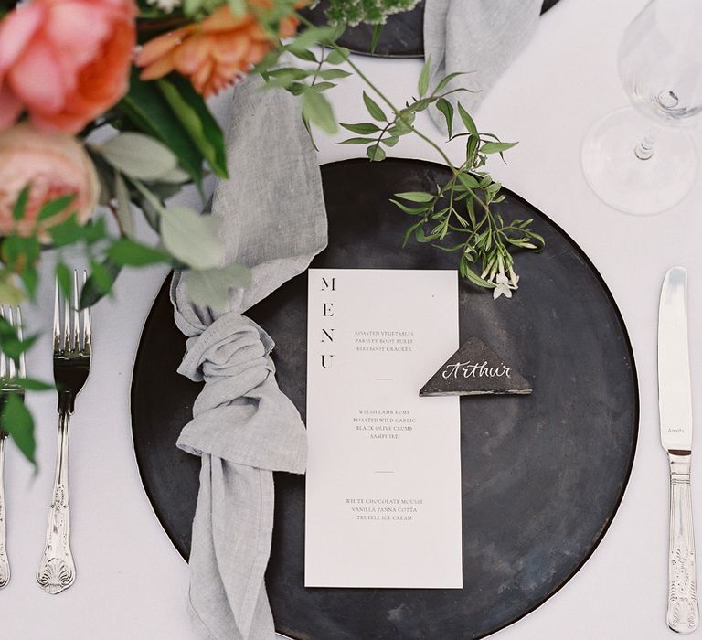 Stylish Place Setting  with Black Platter &amp; Menu Card | Elegant Summer Inspiration at St Giles House, Dorset by Jessica Roberts Design   Imogen Xiana Photography