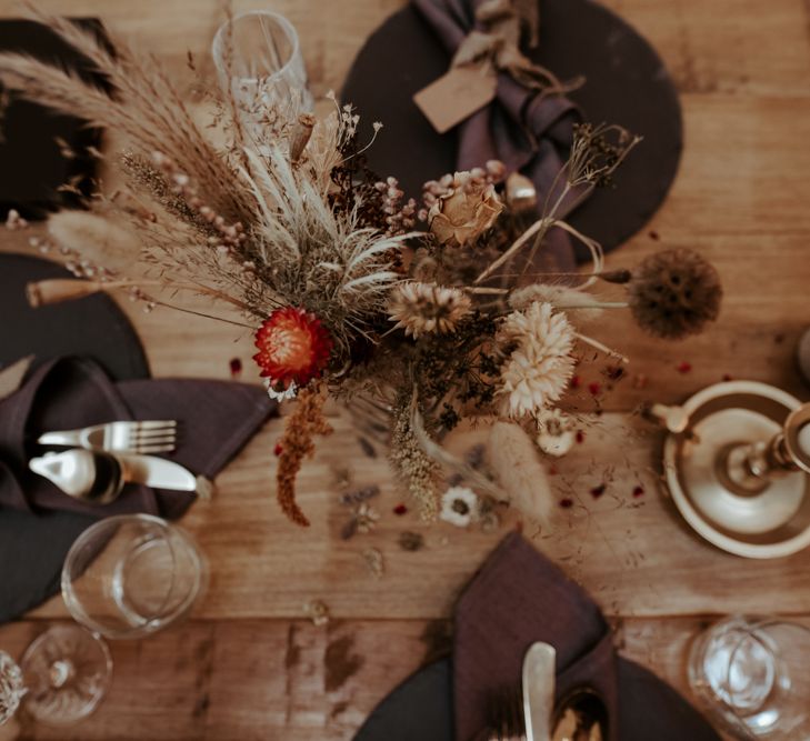 Dried flower wedding centrepiece at September 2020 Wedding