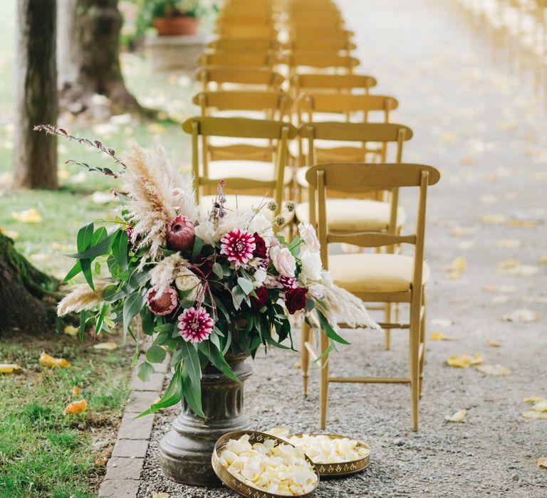 Outdoor Ceremony Aisle with Floral Arrangement Decor | Glamorous, Roaring Twenties, Great Gatsby Inspired Wedding at Villa Borromeo  in Italy | Matrimoni all’Italiana Photography