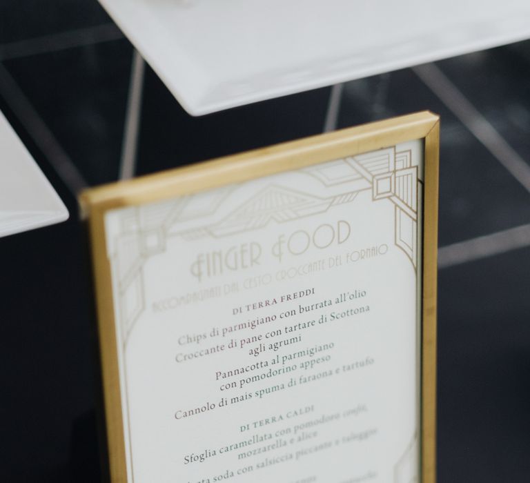 Gold Art Decor Wedding Stationery Sign | Glamorous, Roaring Twenties, Great Gatsby Inspired Wedding at Villa Borromeo  in Italy | Matrimoni all’Italiana Photography