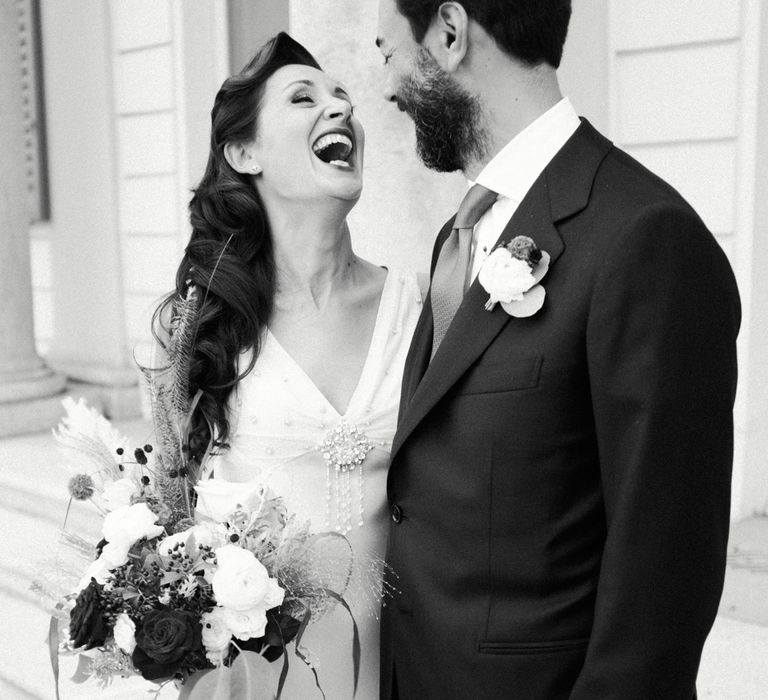 Bride in Silk Jenny Packham Gown | Groom in Navy Blue Suit | Glamorous, Roaring Twenties, Great Gatsby Inspired Wedding at Villa Borromeo  in Italy | Matrimoni all’Italiana Photography