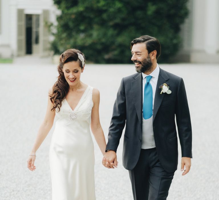 Bride in Silk Jenny Packham Gown | Groom in Navy Blue Suit | Glamorous, Roaring Twenties, Great Gatsby Inspired Wedding at Villa Borromeo  in Italy | Matrimoni all’Italiana Photography