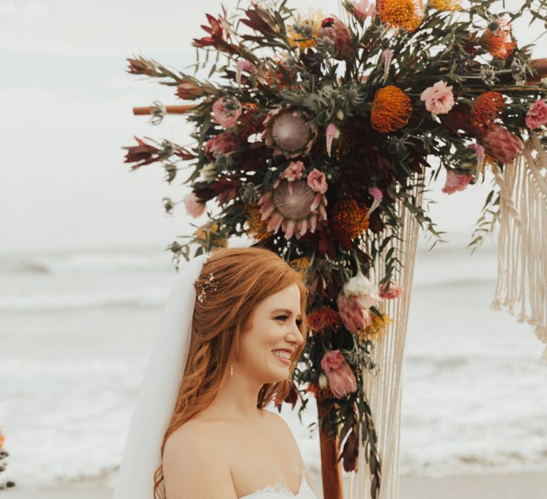 Bride in Lace  Bardot Dress with Hair Down and Veil