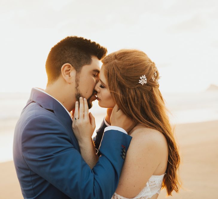 Bride and Groom Kiss On Beach In Ecuador