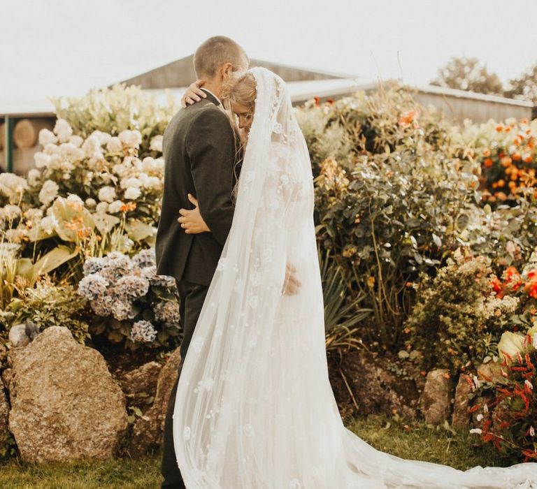 Lace veil for bride in Eliza Jane Howell wedding dress