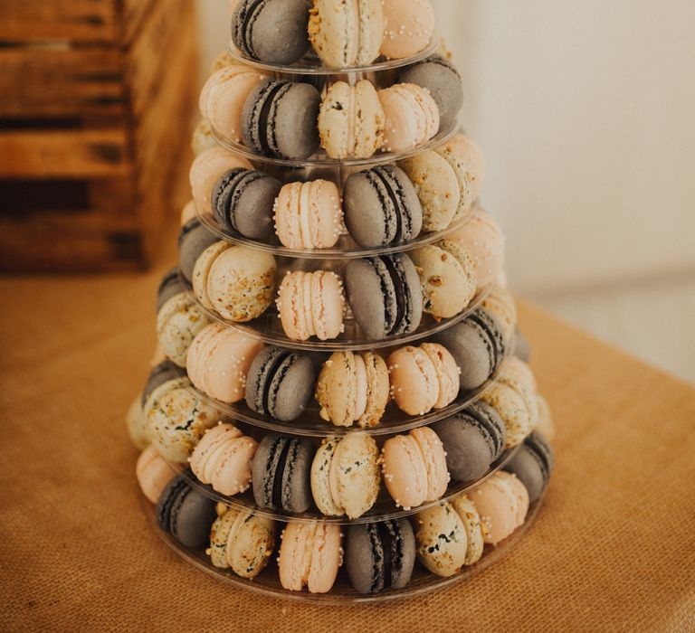 Macaron tower at marquee wedding