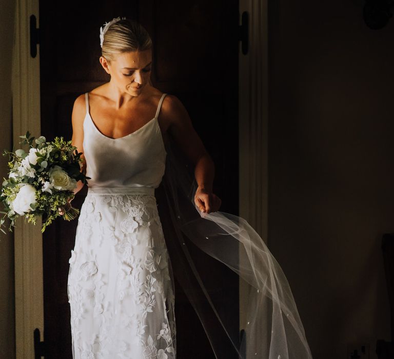 Bridal Two Piece with White Wedding Flowers and Homemade Veil