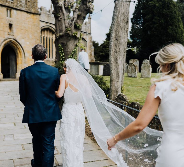 Brides Homemade Veil with White Satin Ghost Bridesmaid Dress