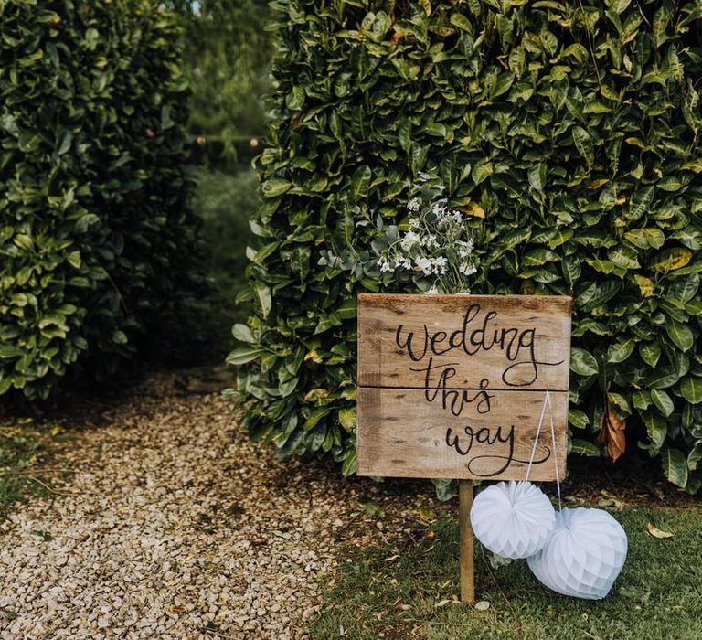 Homemade Wedding Sign for Cotswolds Garden Party Wedding with Paper Lantern Decor