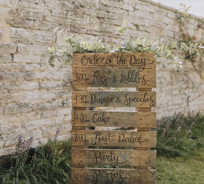 Homemade Pallet Wedding Sign with Cow Parsley Floral Decoration at Garden Party Wedding