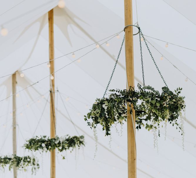 Marquee Reception with Hanging Foliage Chandeliors