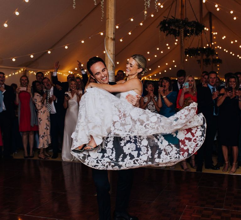 Bride and Groom First Dance with Bridal Two Piece Applique Floral Skirt