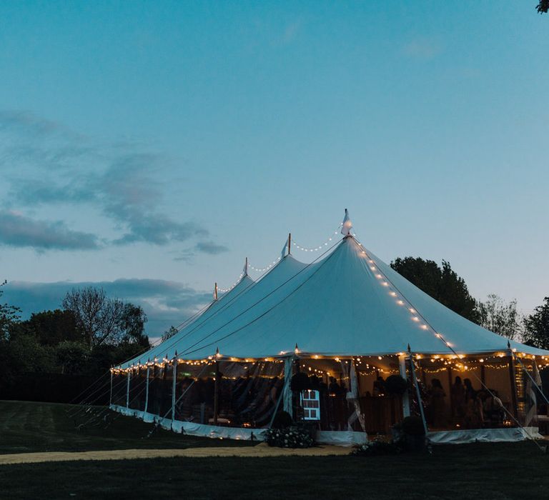 Fairy Lit Open Sided Marquee at Garden Party Wedding in The Cotswolds