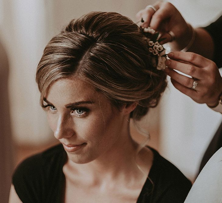 Wedding Morning Bridal Preparations with Bride Having her Hair Done