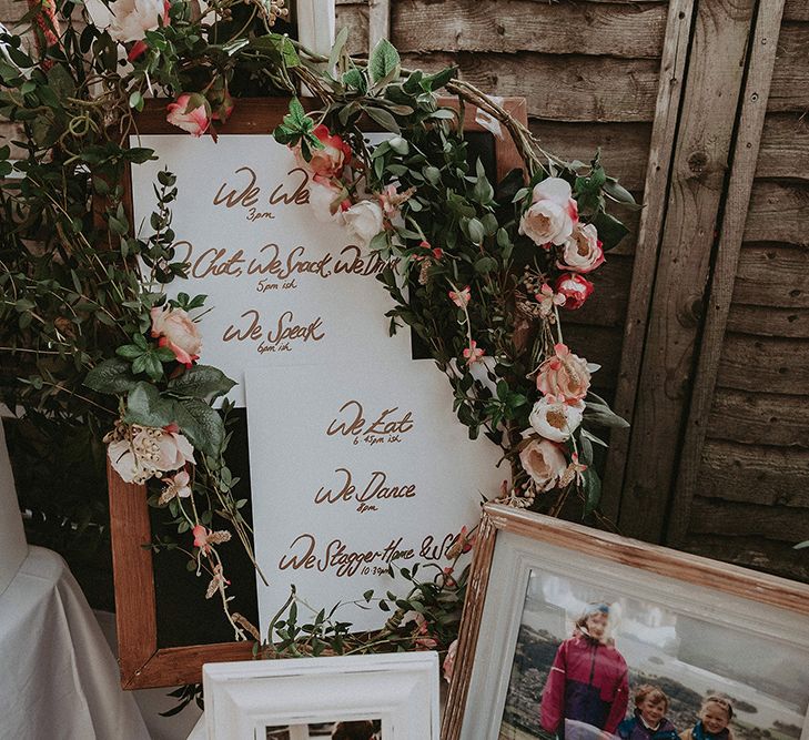 Order of The Day Wedding Sign with Family Portrait and Flower Wedding Decor