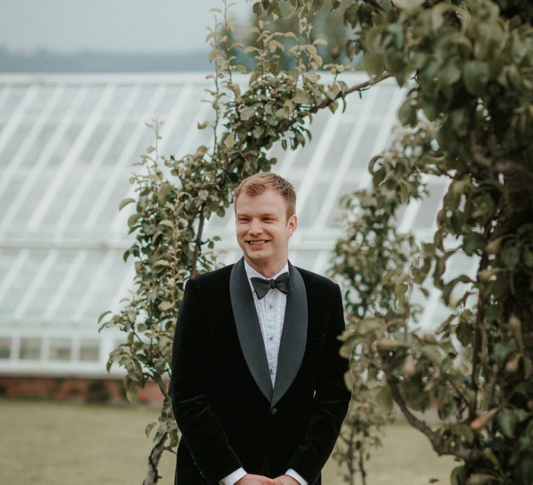 Groom in  Velvet Tuxedo For Black Tie Wedding