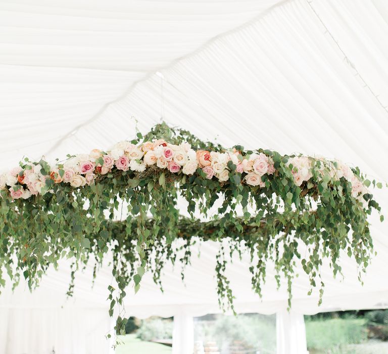 Hanging floral arrangement at Coddington Vineyard wedding reception