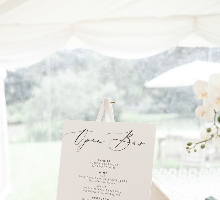 Open bar wedding sign at Coddington Vineyard marquee wedding