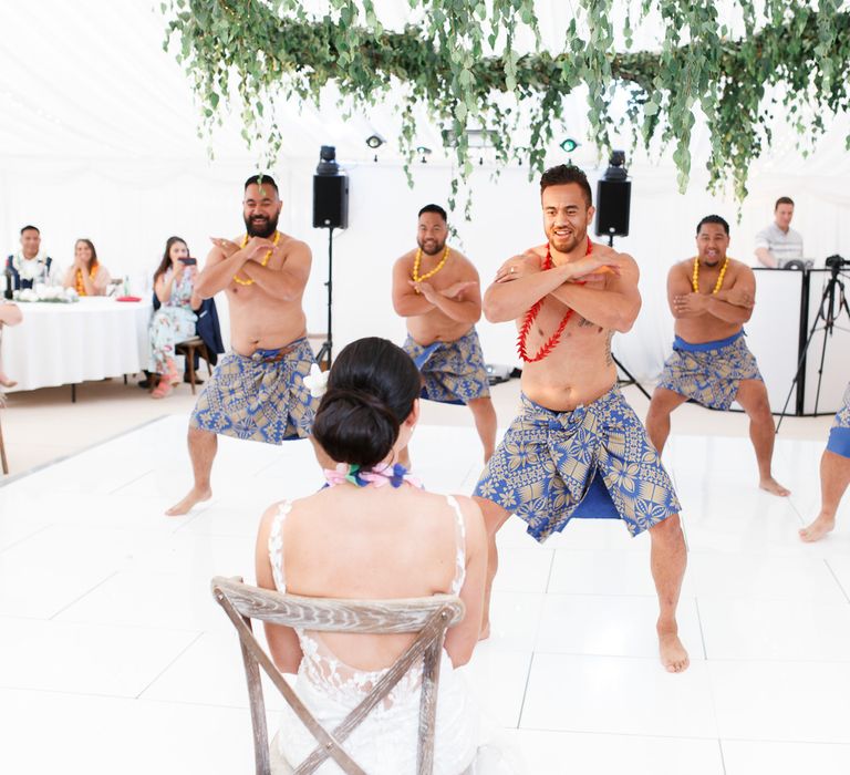 Groom performing a Samoan dance for his new bride at Coddington Vineyard wedding