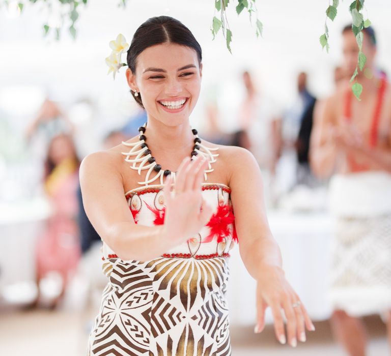 Bride in traditional Samoan dress at Coddington Vineyard wedding