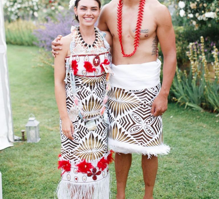 Bride and groom in traditional Samoan dress for Coddington Vineyard wedding