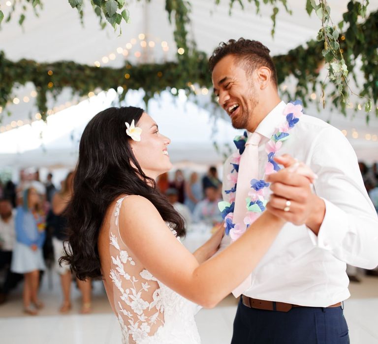 Bride and groom first dance at Coddington Vineyard marquee reception