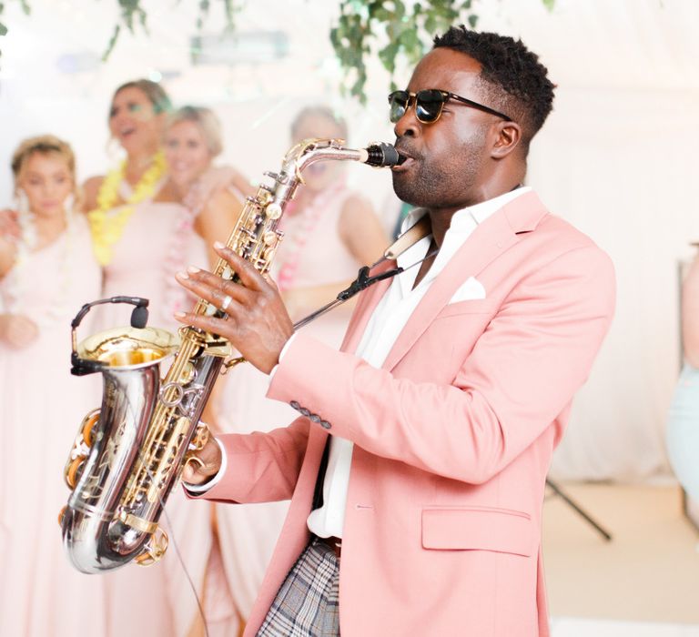 Saxophonist in pink blazer at Coddington Vineyard wedding