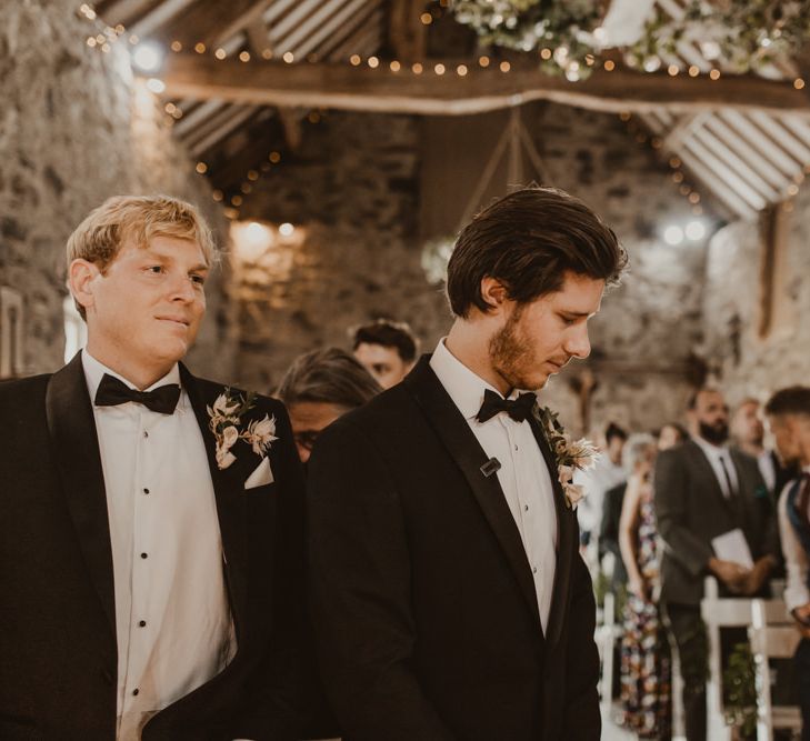 Groom waits for bride at Hafod Farm wedding