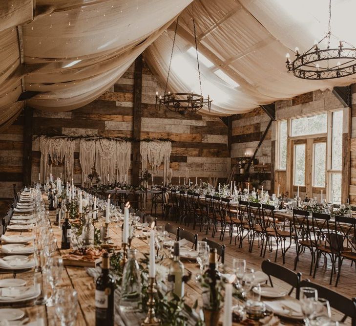 Wedding breakfast decor with pampas grass and fairy lights